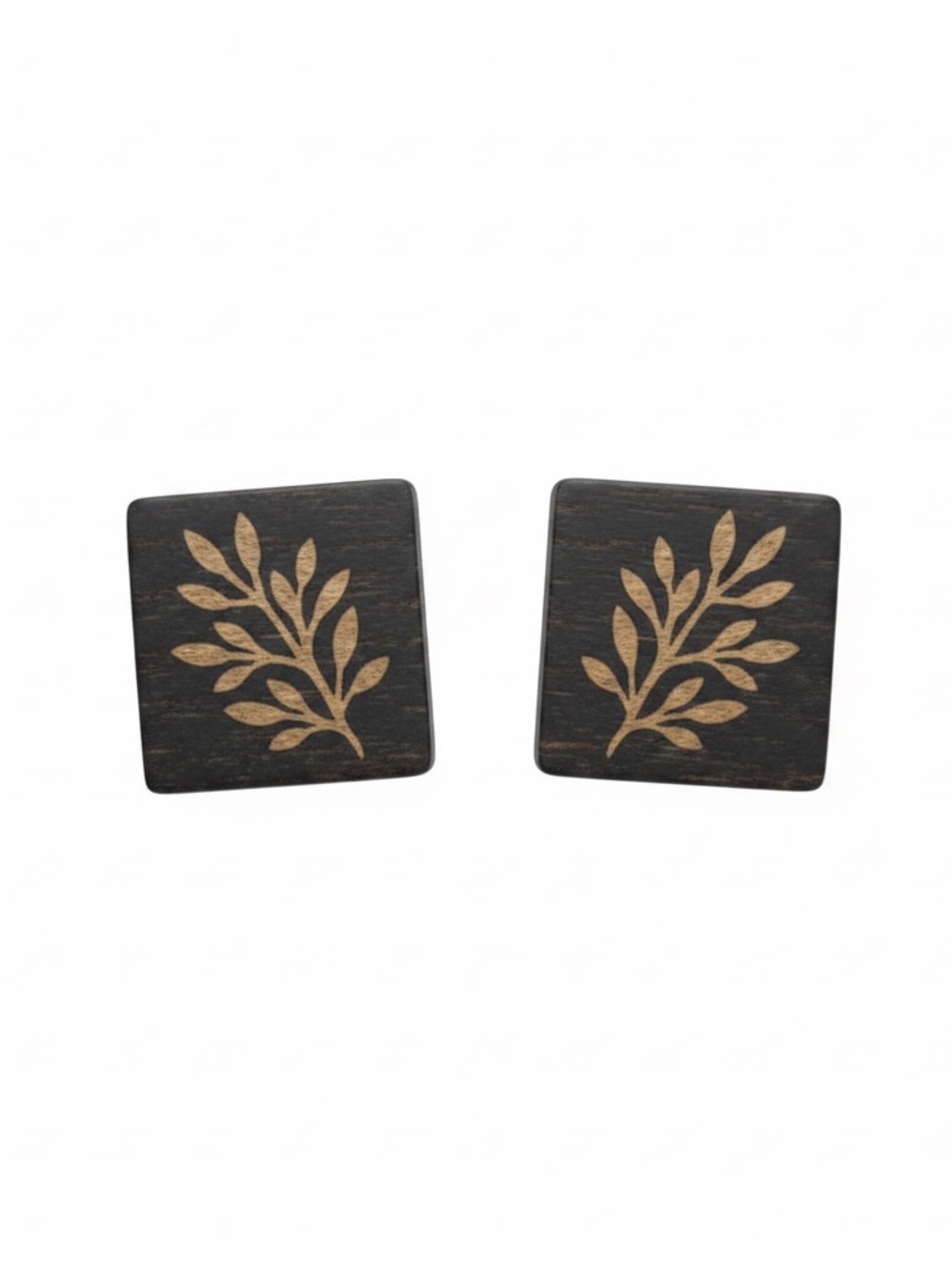 Wooden Square Stud Earrings with Leaf Motif — Black and Gold